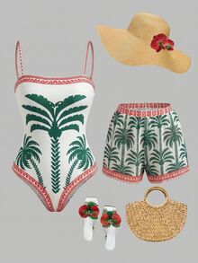 Vaclyn Women's Vacation Coconut Tree Print One-Piece Swimsuit With Cover-Up Shorts Set - Dark Green - View 2