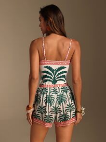 Vaclyn Women's Vacation Coconut Tree Print One-Piece Swimsuit With Cover-Up Shorts Set - Dark Green - View 3