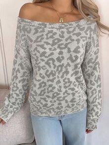 CovetEZ Casual Minimalist Faux Washed Full Leopard Print Pattern Women's Off-Shoulder Sweater, Suitable For Autumn/Winter - Multicolor - View 3