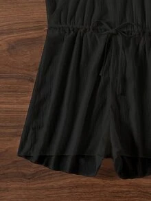 Swim Basics 女士夏季度假沙滩纯色抽绳腰露背吊带连体衣罩衫 - 黑色 - 查看 4