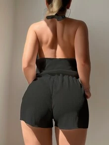 Swim Basics 女士夏季度假沙滩纯色抽绳腰露背吊带连体衣罩衫 - 黑色 - 查看 2