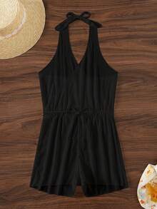 Swim Basics 女士夏季度假沙滩纯色抽绳腰露背吊带连体衣罩衫 - 黑色 - 查看 5