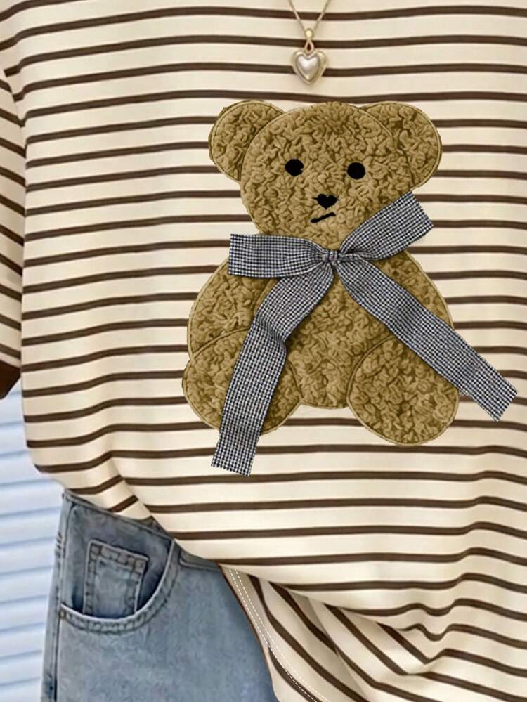 Resyla Women's Regular Fit T-Shirt, Striped Teddy Bear Print Pattern, Suitable For Back To School/Graduation Season, Back To School Outfit, Summer Outing Top, Comfortable Fabric, Pattern Design, High-End Feel, Casual Versatile, Daily Wear, Outdoor, Shopping, Travel Outdoor Outfit - Multicolor - View 5