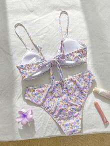 SHEIN Swim 女士碎花前结性感比基尼套装，随机印花，夏日海滩 - 淡紫色 - 查看 3