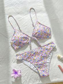 SHEIN Swim 女士碎花前结性感比基尼套装，随机印花，夏日海滩 - 淡紫色 - 查看 2