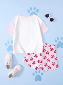 SHEIN | PAW Patrol 女童卡通印花短袖T恤與短褲休閒日常套裝 - 白色 - 查看 2