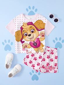 SHEIN | PAW Patrol 女童卡通印花短袖T恤與短褲休閒日常套裝 - 白色 - 查看 1