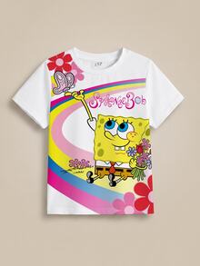 SpongeBob SquarePants | SHEIN 少女卡通印花短袖T恤 - 白色 - 查看 7