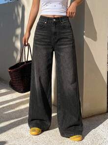 DAZY Minimalist & Fashionable Wide Leg Jeans, Casual Suitable For Outdoor Outing Low Rise Jeans Cute Tops - Grey - View 5
