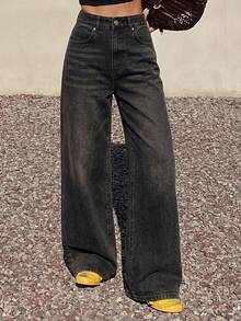 DAZY Minimalist & Fashionable Wide Leg Jeans, Casual Suitable For Outdoor Outing Low Rise Jeans Cute Tops - Grey - View 4