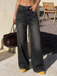 DAZY Minimalist & Fashionable Wide Leg Jeans, Casual Suitable For Outdoor Outing Low Rise Jeans Cute Tops - Grey - View 2