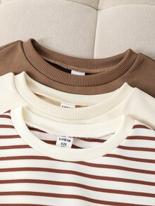 SHEIN 男童 3 件組 素色圓領套頭運動衫，休閒寬鬆版型長袖落肩衛衣，適合舒適秋冬穿著 - 彩色 - 查看 4