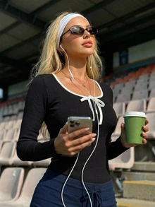 DAZY Color Blocking Bowknot Wrap Around Oversized Scoop Neck T-Shirt For Women Y2k Summer Long Sleeve Women Tops - Black - View 6