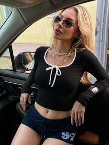 DAZY Color Blocking Bowknot Wrap Around Oversized Scoop Neck T-Shirt For Women Y2k Summer Long Sleeve Women Tops - Black - View 5