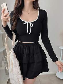DAZY Color Blocking Bowknot Wrap Around Oversized Scoop Neck T-Shirt For Women Y2k Summer Long Sleeve Women Tops - Black - View 8