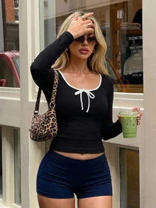 DAZY Color Blocking Bowknot Wrap Around Oversized Scoop Neck T-Shirt For Women Y2k Summer Long Sleeve Women Tops - Black - View 12
