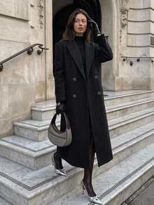 DAZY Lapel Neck Double Breasted Longline Coat,Fall Clothes Women Jacket - Black - View 5
