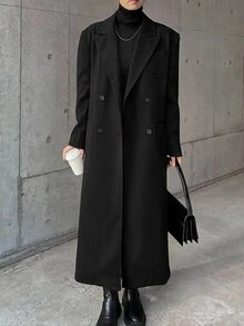 DAZY Lapel Neck Double Breasted Longline Coat,Fall Clothes Women Jacket - Black - View 10
