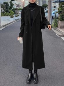 DAZY Lapel Neck Double Breasted Longline Coat,Fall Clothes Women Jacket - Black - View 11