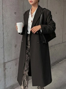 DAZY Lapel Neck Double Breasted Longline Coat,Fall Clothes Women Jacket - Black - View 9