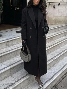 DAZY Lapel Neck Double Breasted Longline Coat,Fall Clothes Women Jacket - Black - View 4