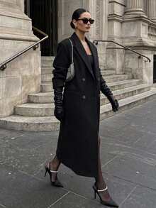 DAZY Lapel Neck Double Breasted Longline Coat,Fall Clothes Women Jacket - Black - View 3