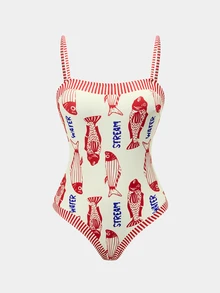 Swim Oasis 女款字母魚紋印花連身泳衣與短褲套裝，適合海灘度假、泳池派對、海灘派對 - 彩色 - 查看 3