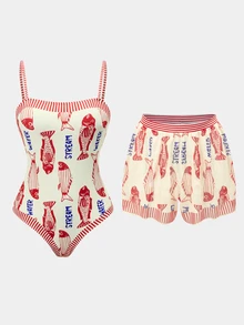 Swim Oasis 女款字母魚紋印花連身泳衣與短褲套裝，適合海灘度假、泳池派對、海灘派對 - 彩色 - 查看 12