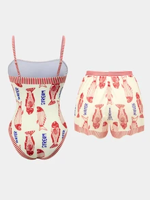 Swim Oasis 女款字母魚紋印花連身泳衣與短褲套裝，適合海灘度假、泳池派對、海灘派對 - 彩色 - 查看 2