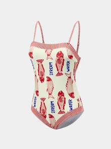Swim Oasis 女款字母魚紋印花連身泳衣與短褲套裝，適合海灘度假、泳池派對、海灘派對 - 彩色 - 查看 5
