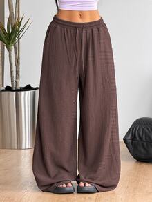 SHEIN Kids Tween Girls Loose Brown Textured Knit Drawstring Pocket Wide Leg Sweatpants Casual & Versatile - Brown - View 9