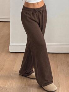 SHEIN Kids Tween Girls Loose Brown Textured Knit Drawstring Pocket Wide Leg Sweatpants Casual & Versatile - Brown - View 1