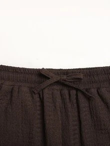 SHEIN Kids Tween Girls Loose Brown Textured Knit Drawstring Pocket Wide Leg Sweatpants Casual & Versatile - Brown - View 4