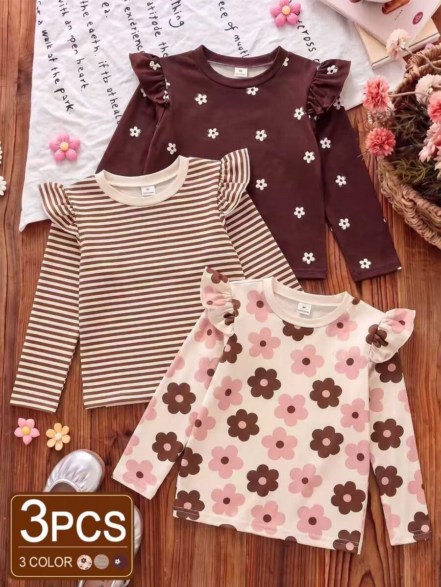 SHEIN 女童 3 件組印花套裝,花卉條紋飄逸袖,仙女牛仔風,春夏秋季 1 歲生日白色藍色嬰兒粉 - 彩色 - 查看 1