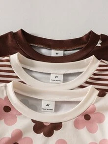 SHEIN 女童 3 件組印花套裝，花卉條紋飄逸袖，仙女牛仔風，春夏秋季 1 歲生日白色藍色嬰兒粉 - 彩色 - 查看 6