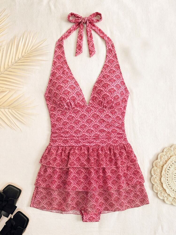 Bellisia Black With White Polka Dot Print Halter Neck Tie Deep V-Neck Backless Design Three-Layer Same Print Tulle Ruffle Tiered Cake Skirt Summer Beach Vacation Pool Party Sweet Cute Style Women's Swim Dress - Multicolor - View 5