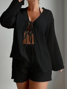 SHEIN Swim 2 件套女士系带镂空长袖黑色罩衫和休闲时尚短裤套装（面料褶皱强度随机）夏季 - 黑色 - 查看 6