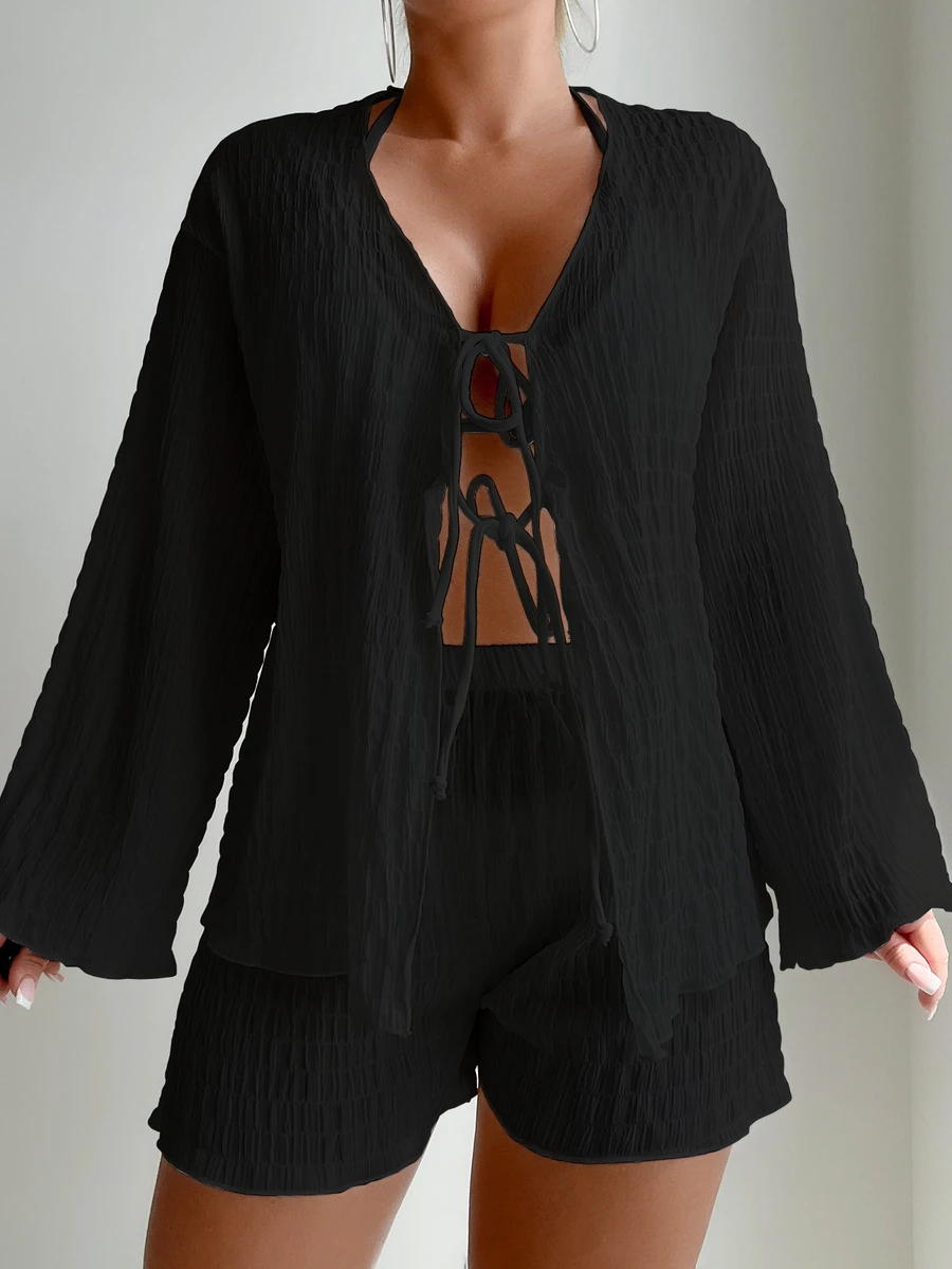 SHEIN Swim 2 件套女士系带镂空长袖黑色罩衫和休闲时尚短裤套装(面料褶皱强度随机)夏季 - 黑色 - 查看 1