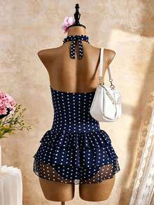 Bellisia Navy Blue Polka Dot Halter Neck Backless Deep V 3-Tier Ruffle Hem Swimsuit Skirt,Sweet & Cute Style For Summer,Tropical,Holiday,Pool Party,Holiday - Navy Blue - View 3
