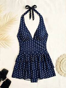 Bellisia Navy Blue Polka Dot Halter Neck Backless Deep V 3-Tier Ruffle Hem Swimsuit Skirt,Sweet & Cute Style For Summer,Tropical,Holiday,Pool Party,Holiday - Navy Blue - View 6