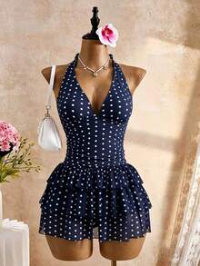 Bellisia Navy Blue Polka Dot Halter Neck Backless Deep V 3-Tier Ruffle Hem Swimsuit Skirt,Sweet & Cute Style For Summer,Tropical,Holiday,Pool Party,Holiday - Navy Blue - View 4