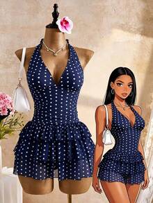 Bellisia Navy Blue Polka Dot Halter Neck Backless Deep V 3-Tier Ruffle Hem Swimsuit Skirt,Sweet & Cute Style For Summer,Tropical,Holiday,Pool Party,Holiday - Navy Blue - View 5