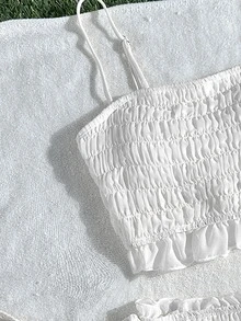 Swim Mod Chiffon Ruffled Bandeau Women's Swimwear Set, Sweet Girl Bikini Two Pieces, Beach Resort Casual Versatile Female Swimwear, Spring/Summer - White - View 3