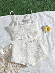 Swim Mod Chiffon Ruffled Bandeau Women's Swimwear Set, Sweet Girl Bikini Two Pieces, Beach Resort Casual Versatile Female Swimwear, Spring/Summer - White - View 5