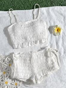 Swim Mod Chiffon Ruffled Bandeau Women's Swimwear Set, Sweet Girl Bikini Two Pieces, Beach Resort Casual Versatile Female Swimwear, Spring/Summer - White - View 2