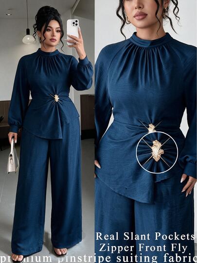 Elenzga Plus Size Women 2pcs Set: Small Stand Collar Blouse With Draped Lantern Long Sleeves, Ruched Waist, Pleated Decor, Asymmetrical Hem + Elastic Waist Straight Leg Pants, Elegant For Street, Commute And Date