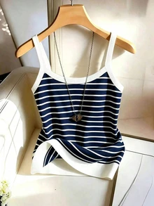 Franclia 女款黑白條紋細肩帶背心上衣，夏季、春夏優雅度假穿著，優雅派對穿著，新款春夏黑白條紋細肩帶背心上衣 - 彩色 - 查看 2
