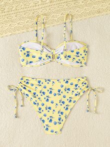 Swim Lushoire Lushoire 女款黃藍花卉細肩帶比基尼套裝，前蝴蝶結高腰側抽繩兩件式泳衣，夏季休閒度假風 - 彩色 - 查看 2