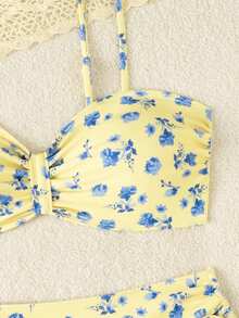 Swim Lushoire Lushoire 女款黃藍花卉細肩帶比基尼套裝，前蝴蝶結高腰側抽繩兩件式泳衣，夏季休閒度假風 - 彩色 - 查看 4