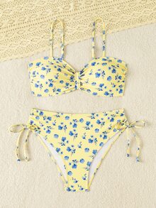 Swim Lushoire Lushoire 女款黃藍花卉細肩帶比基尼套裝，前蝴蝶結高腰側抽繩兩件式泳衣，夏季休閒度假風 - 彩色 - 查看 3